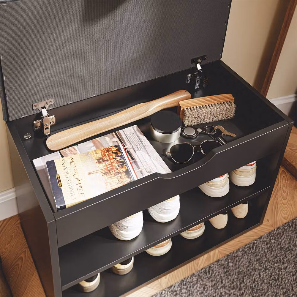 SoBuy Modern Black Hallway Shoe Rack and Entrance Bench with Synthetic Leather Padded Seat – 8
