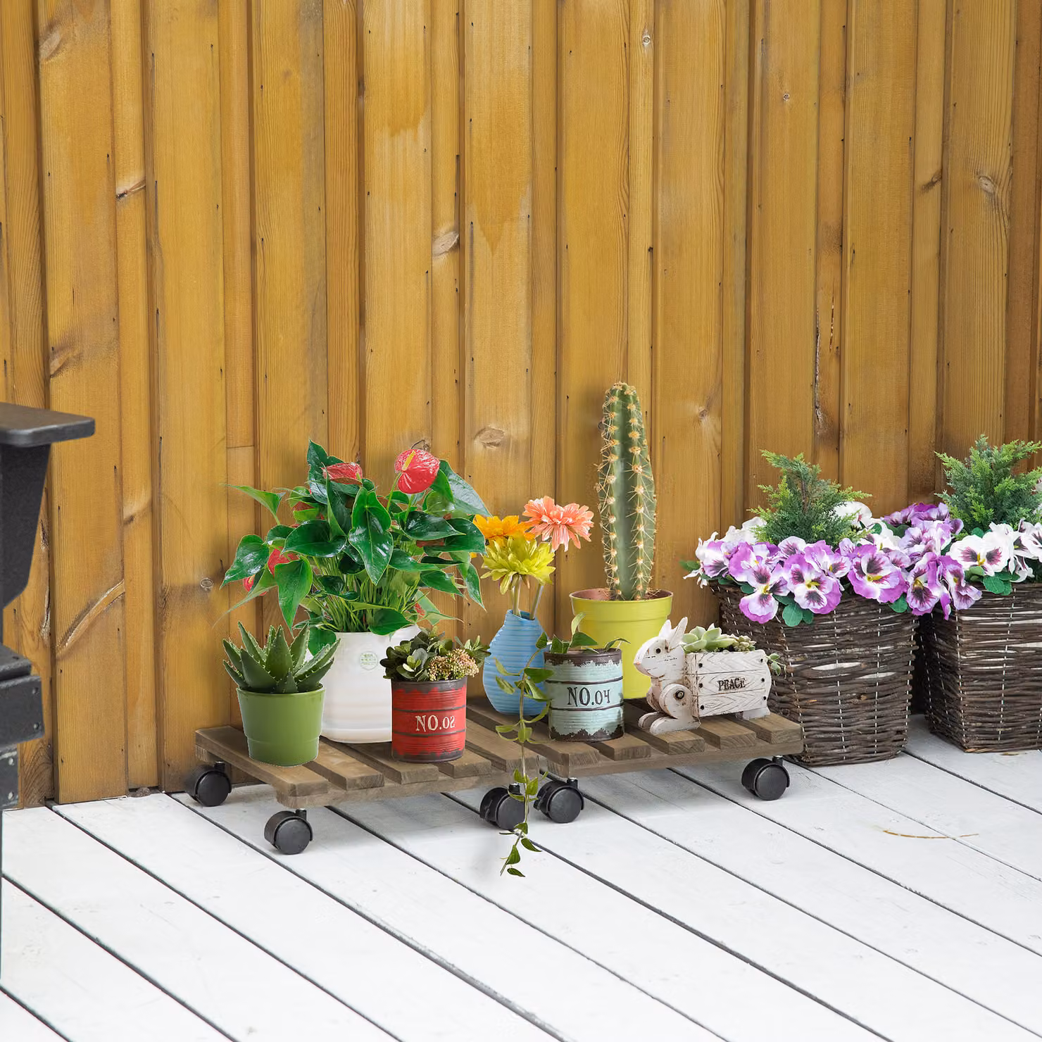 Outsunny 2 Pack Rustic Brown Wooden Plant Stands with Wheels for Indoor and Outdoor Use – 2