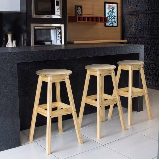 Tramontina Natural Pine Wood Stool in Brown, Yellow and Beige, Height: 70.8 cm