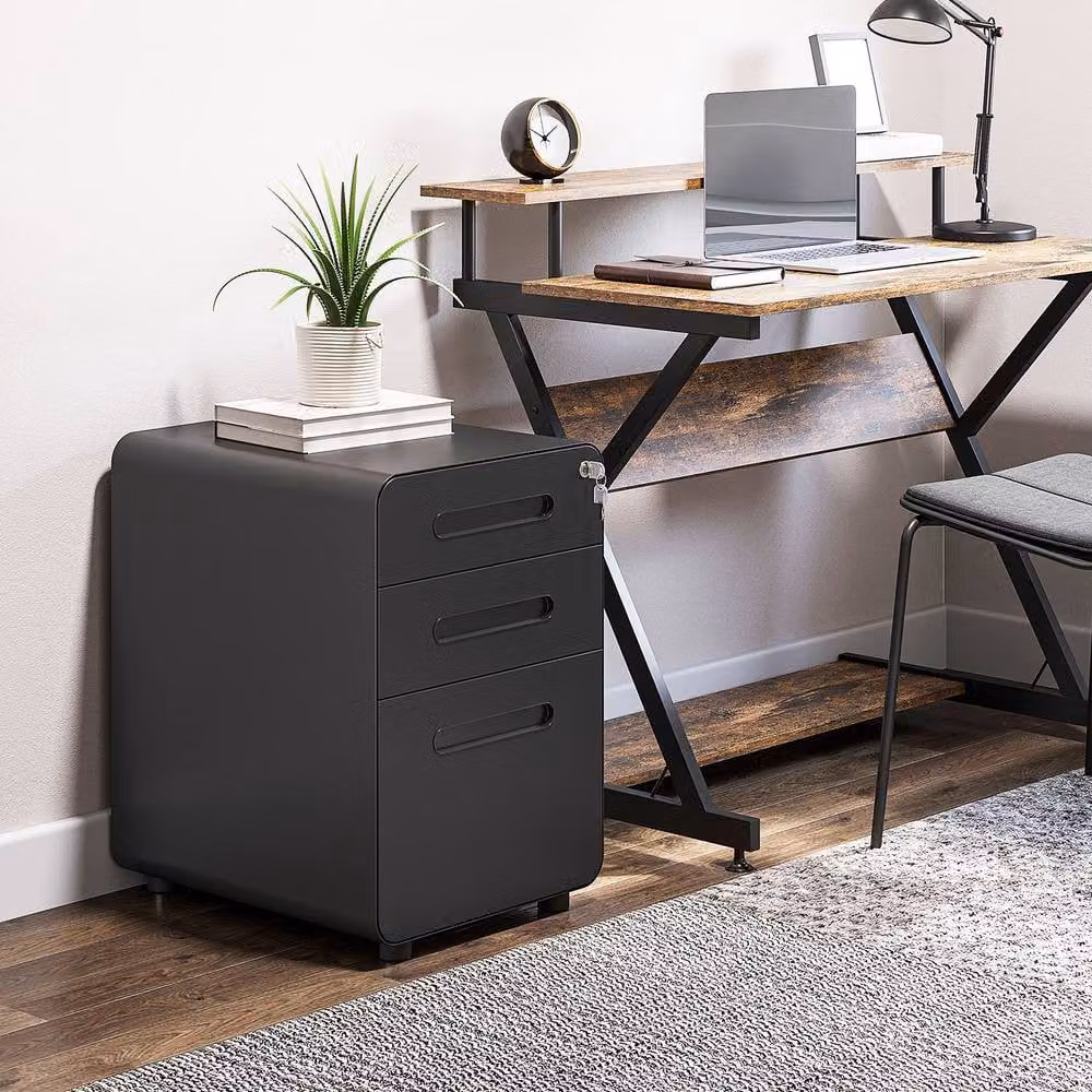 ERGOVEXA Lockable Black Metal File Cabinet with 3 Drawers and Castors, W: 48.0 cm, D: 39.0 cm, H: 59.0 cm – 4