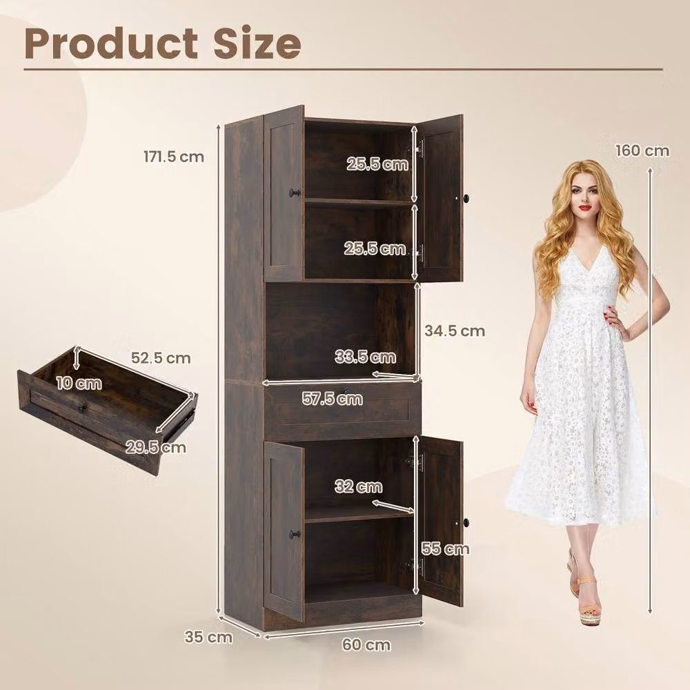 Costway Modern Wooden Bathroom Cabinet in Brown with 4 Doors and 1 Drawer – 2