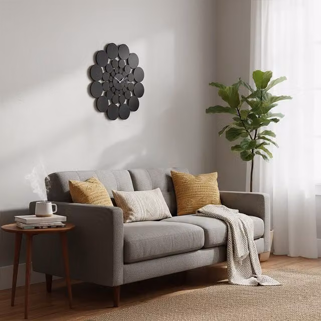 Orsina Black and White Geometric Design Round Metal Wall Clock, Diameter: 51 cm