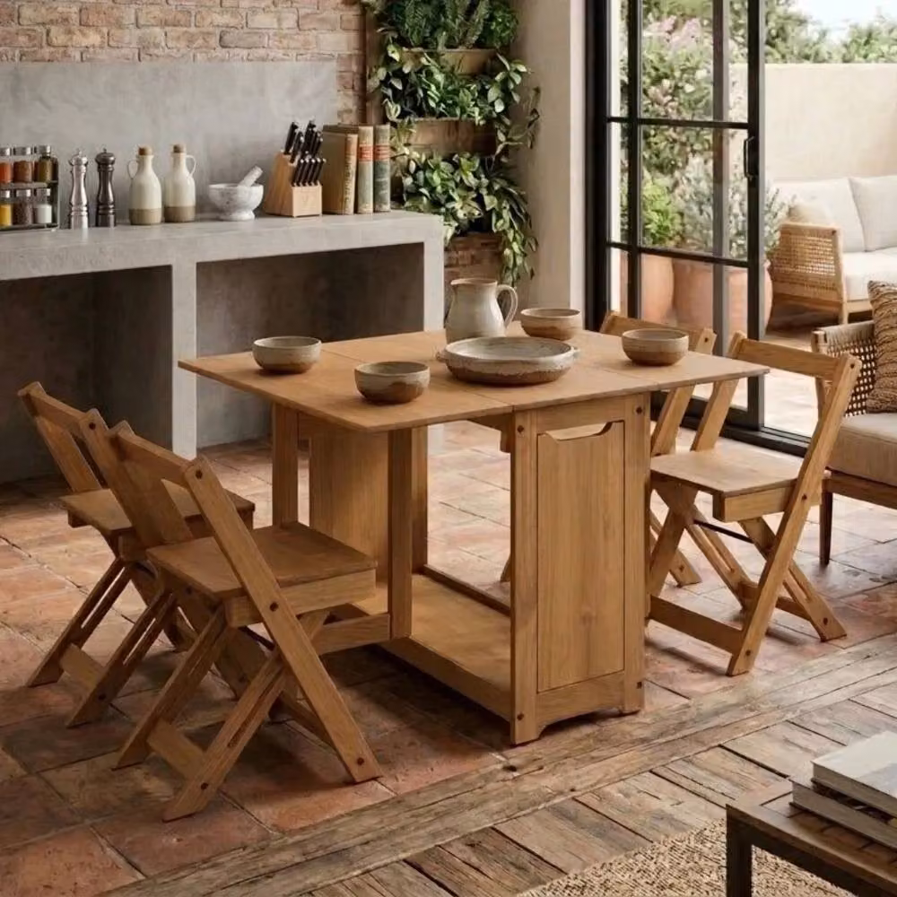 VOGREX Butterfly Drop Leaf Dining Table and 4 Chairs Set in Waxed Santos Natural Wood – 2