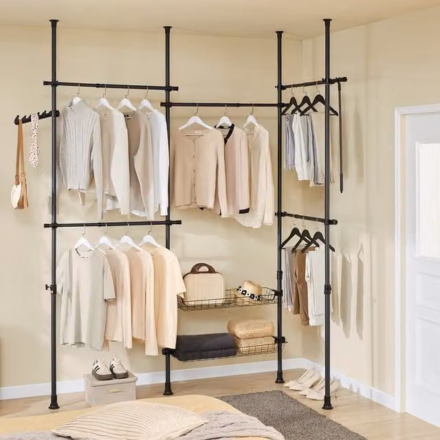 SoBuy Modern Matt Black Metal Telescopic Clothes Rail with Shelves