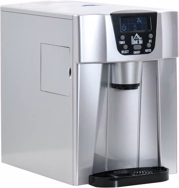 Rolipo Countertop Ice Maker and Water Dispenser, 3L, Silver Stainless Steel with Digital Display and Timer