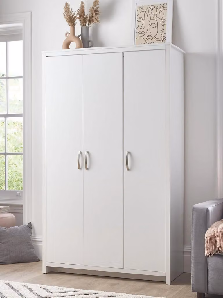Ely 3 Door Wardrobe in White and Grey | Modern Freestanding Bedroom Storage with Hanging Rod and Internal Shelves | H 180 cm x W 106 cm x D 52 cm