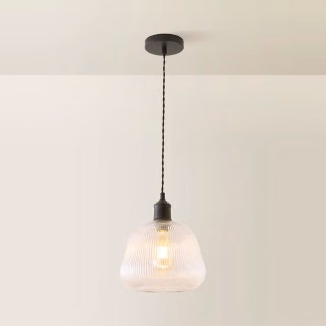 ValueLights Delora Ribbed Bell Glass Shade Single Ceiling Pendant Light, Black, Diameter: 11 cm