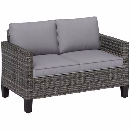 Outsunny 2 Seater Rattan Garden Sofa with Upholstered Cushions and Powder Coated Steel Frame, Grey