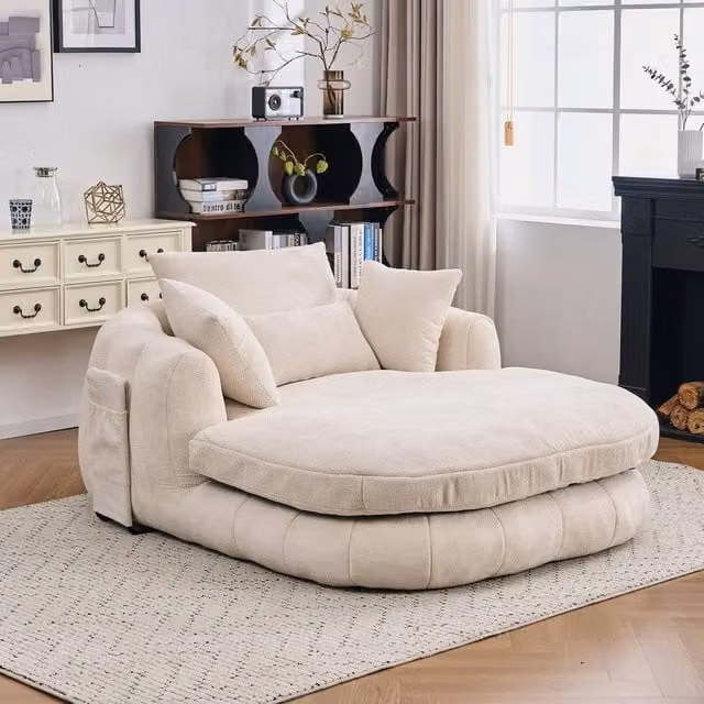 Matteo Oversized Plush Chenille Chaise Lounge Sofa with Pillows in White – 1