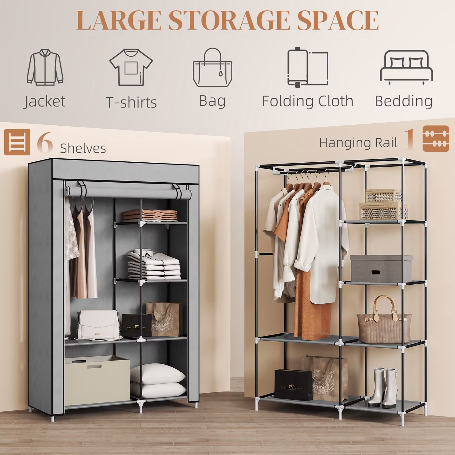 HOMCOM Portable Fabric Wardrobe with 6 Shelves and Hanging Rail, Light Grey, W: 103 cm, D: 43 cm, H: 162.5 cm – 4