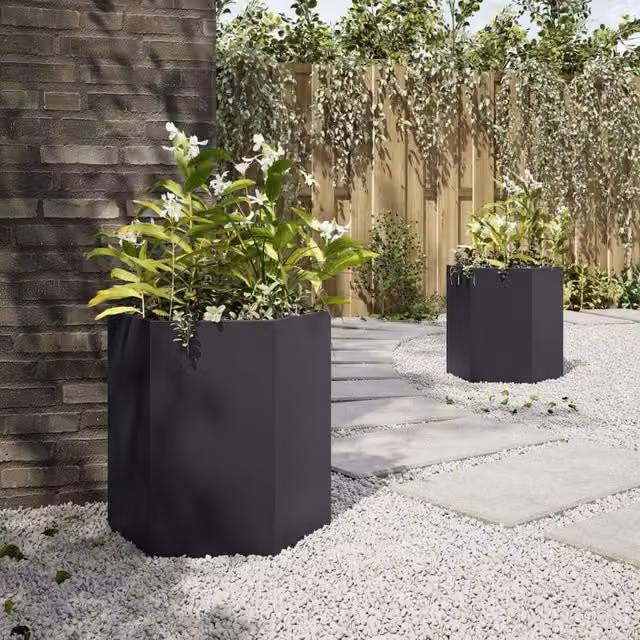 Berkfield Home Durable Steel Hexagon Garden Planter, 2 Pack, Black, W: 46 cm, D: 40 cm, H: 45 cm