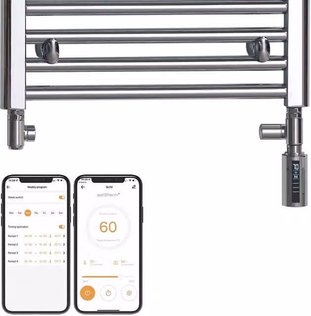 Sola Steel Towel Rail in Black and Silver with App Control and Thermostat, W: 100 cm