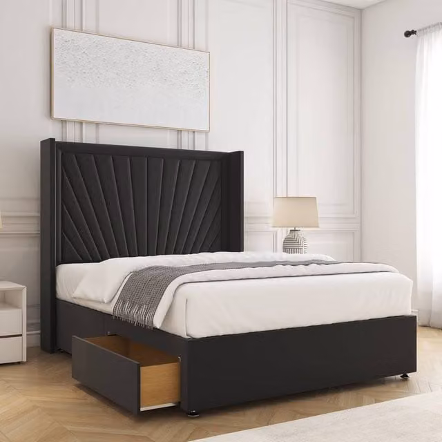 BSSPOKE Alina King Divan Bed with 54 inch Headboard, 2 Drawers and Mattress in Black Plush Velvet, W/D/H: 180 x 200 cm
