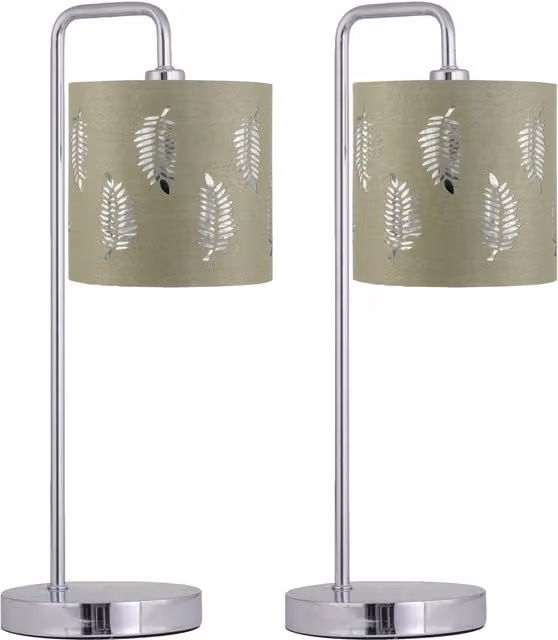 First Choice Lighting Set of 2 Arched Chrome Table Lamps with Green Fabric Shades