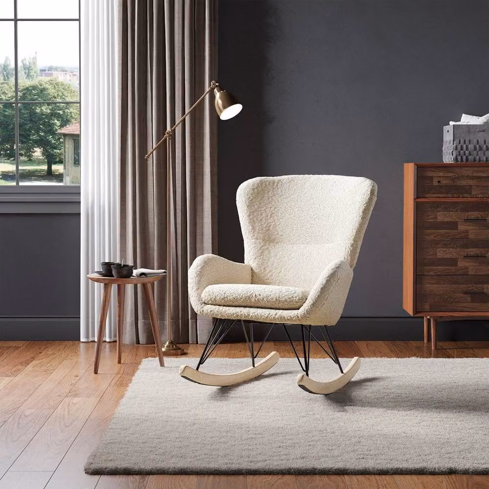 PAWNORA Beige Bouclé Fabric Rocking Chair with Metal Frame and Armrests – 2