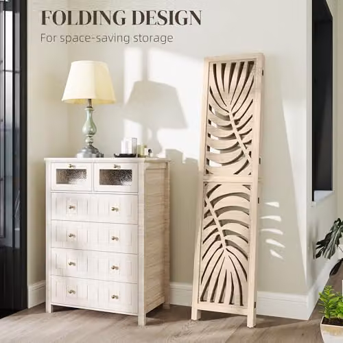 HOMCOM 4 Panel Floral Room Divider in Brown and Beige with Natural Wood Finish – 3