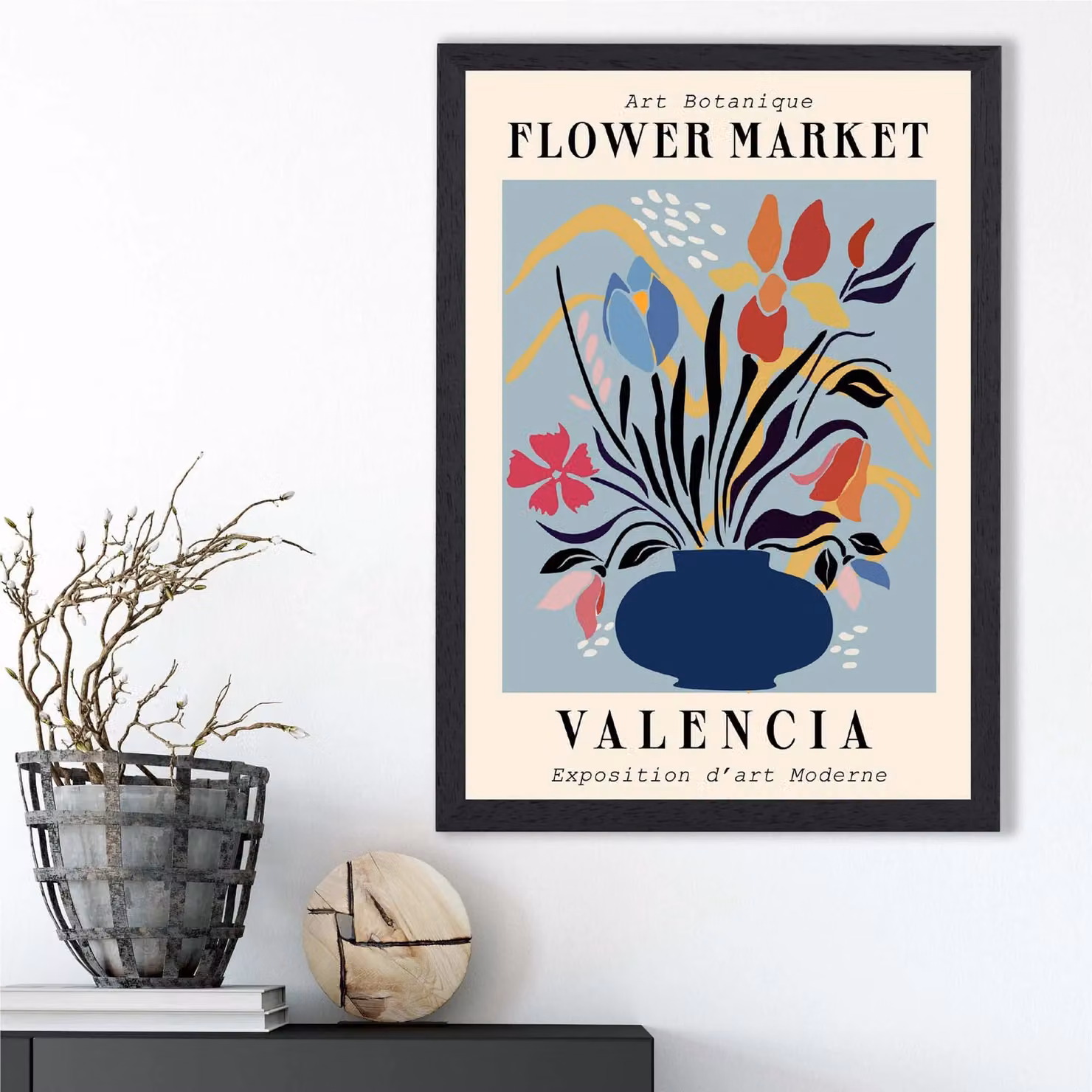 ARTZE Valencia Blue and Pink Flower Market Exhibition Framed Print, Mid Blue and Multicolour, A2 – 2