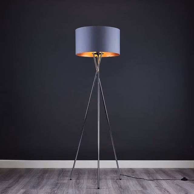 ValueLights Camden Modern Chrome Metal Tripod Floor Lamp with Grey and Copper Fabric Shade