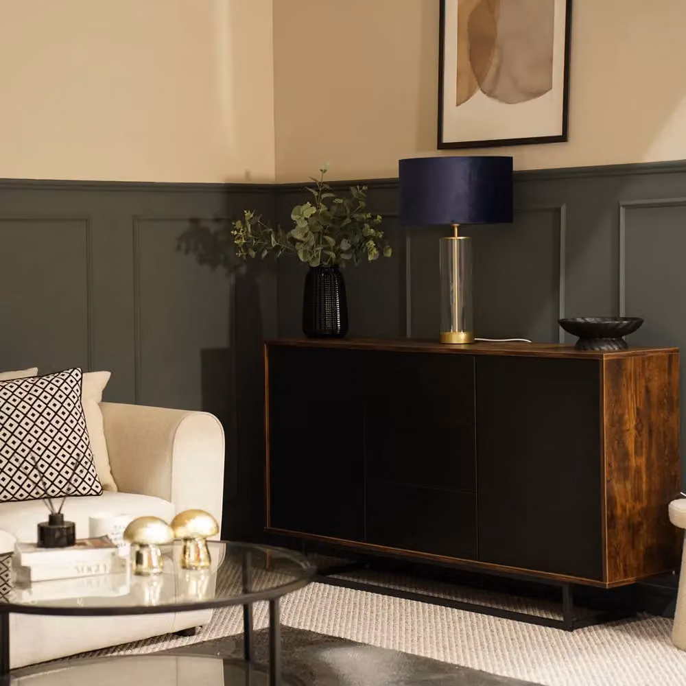 ValueLights Balan Glass and Matt Gold Table Lamp with Navy Blue Velvet Drum Shade – 3