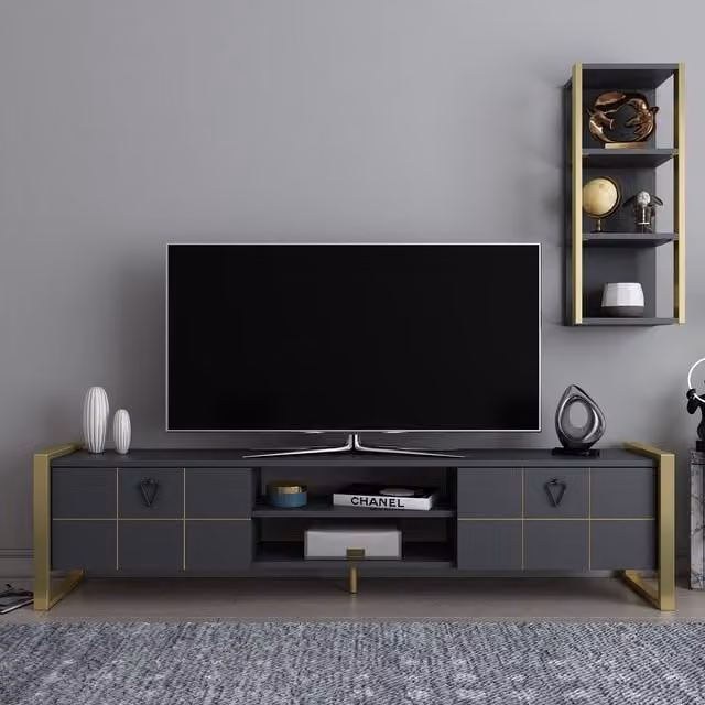 Decorotika Mila TV Unit in Anthracite and Gold, W/D/H: 184 x 45 x 40 cm