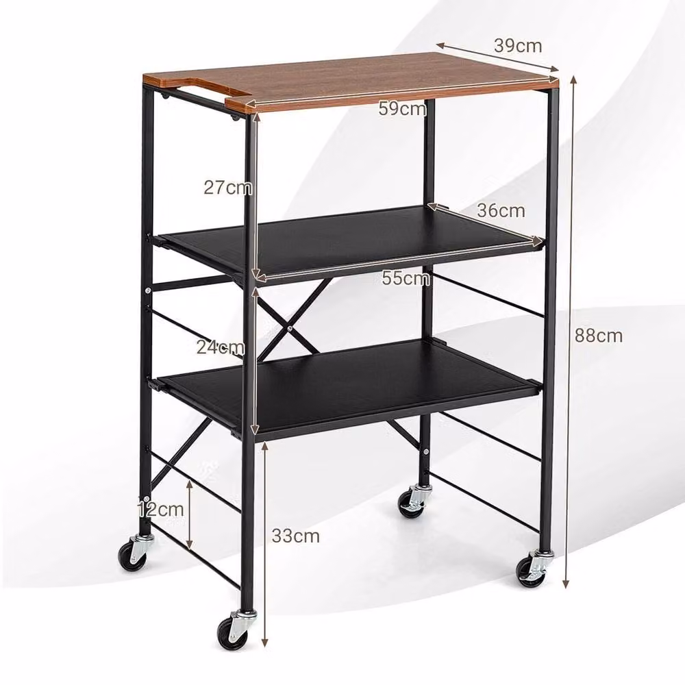 VOGREX 3-Tier Foldable Rolling Storage Trolley in Black with Adjustable Shelves – 2