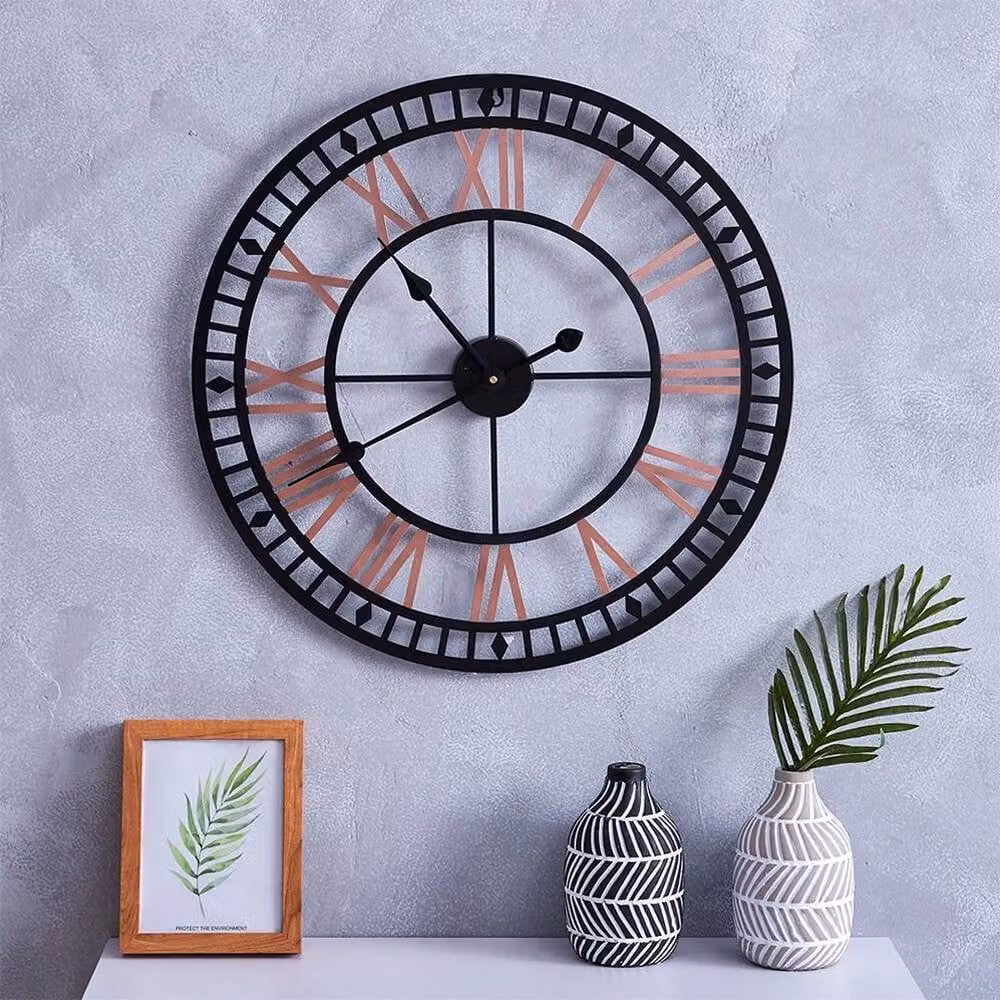 PAWNORA Retro Round Metal Outdoor Garden Wall Clock in Black and Pink – 4