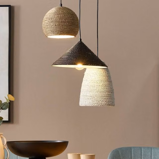 Wyld and Coco Multicolour Boho 3-Light Pendant Lamp with Iron Frame and Straw Rope in White