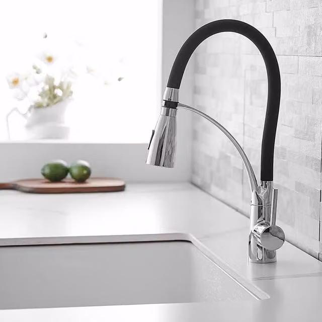 Heable Chrome Single-Lever Pull-Down Dual-Spray Kitchen Mixer Tap in Silver