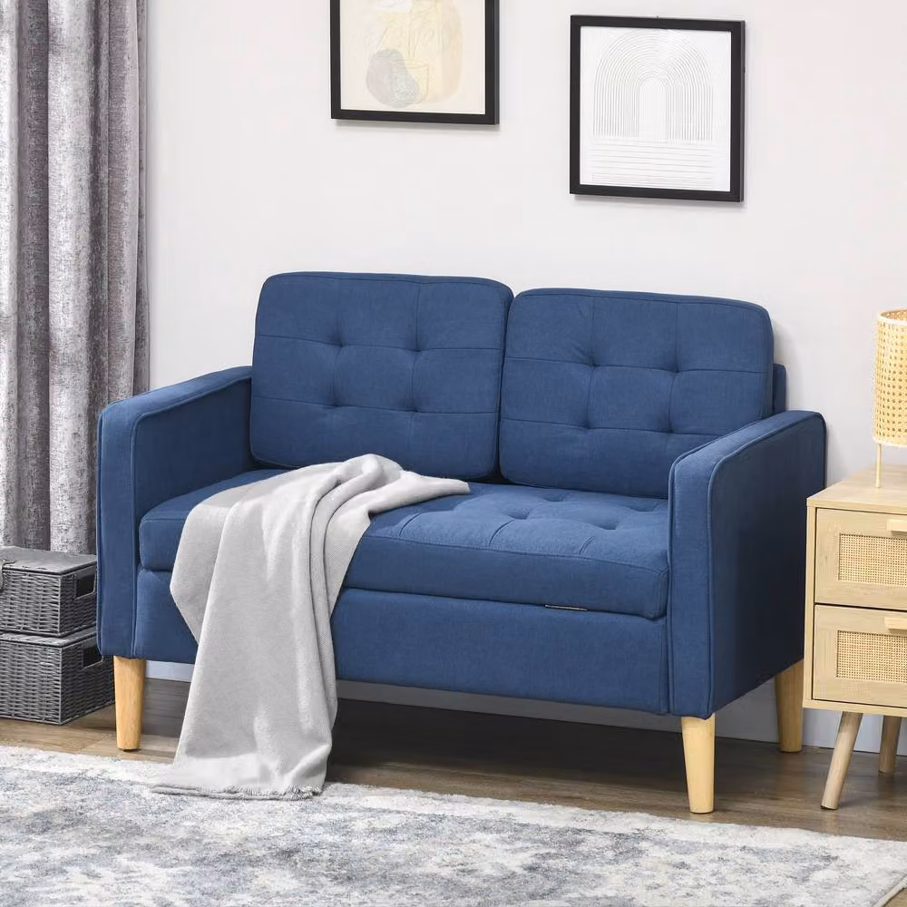 STILVORA Blue Cotton Upholstered Sofa with Storage and Pull Out Drawer – 6
