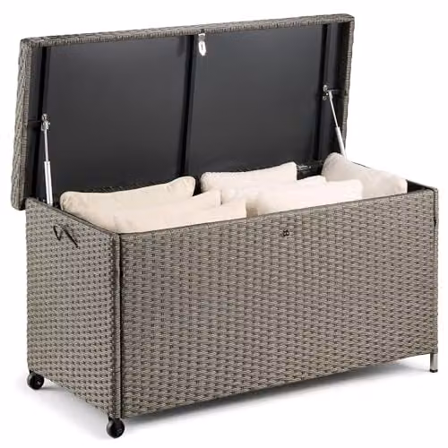 VonHaus Bali Grey Rattan Garden Storage Box, 290L Weatherproof Outdoor Container with Lockable Lid and Waterproof Liner – 1