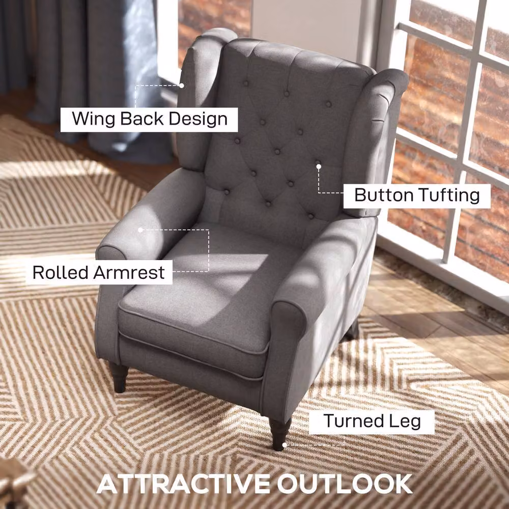 STILVORA Wingback Armchair with Solid Wood Frame and Grey Linen Fabric Upholstery – 4