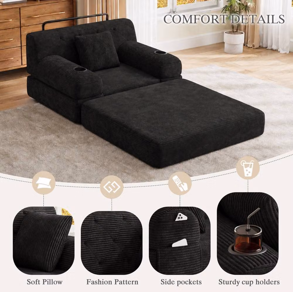 STILVORA Modern Upholstered Sleeper Sofa with Cup Holders and Metal Frame in Black – 6