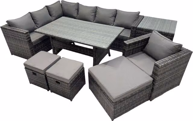 Fimous 10-Seater Outdoor PE Rattan Sofa and Dining Set with Tempered Glass Table in Dark Grey Mixed