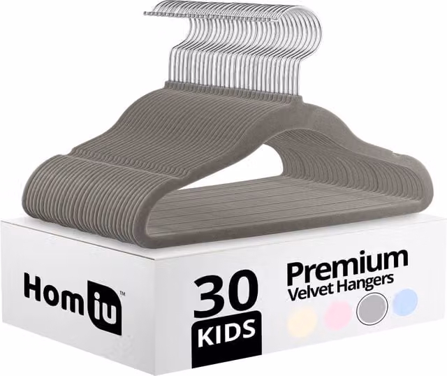 Homiu 30 Pack Non-Slip Velvet Kids Hangers with Swivel Hook, Grey