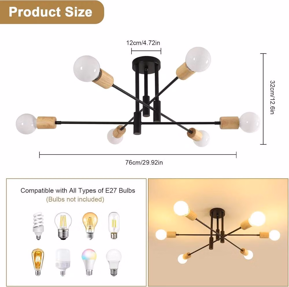 COMELY Industrial Vintage 6-Head Adjustable Ceiling Light in Black and Wood for Living Rooms – 2
