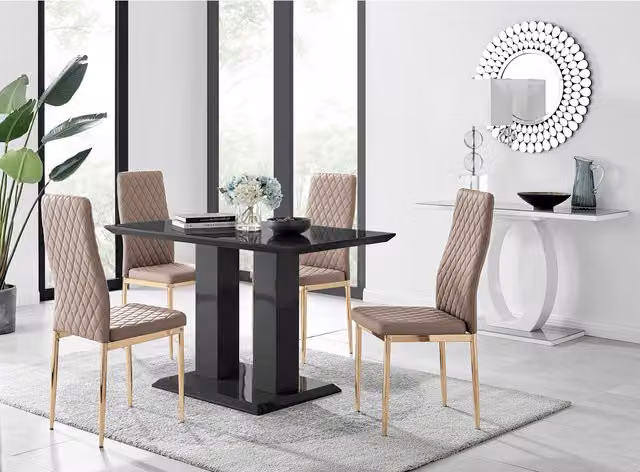 FurnitureboxUK Imperia Dining Set with 4 Milan Chairs in Black and Yellow with Gold Legs, W: 120 cm, D: 70 cm, H: 70 cm