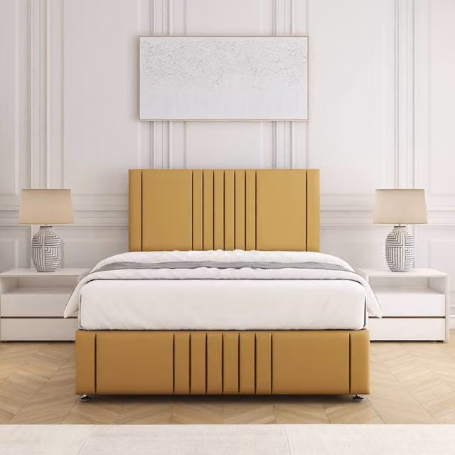 BSSPOKE Hazel Divan Bed Set with 24 inch Headboard and Mattress in Yellow Plush Velvet, King Size, W/D/H: 180 x 200 cm