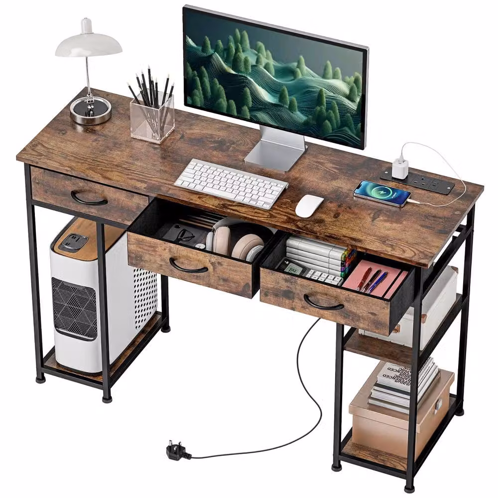 FURNOS Industrial Computer Desk with Drawers and USB Outlets, Brown, W: 120 cm, D: 40 cm, H: 76 cm – 5