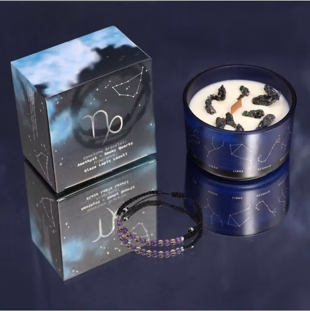 KDMD Capricorn Zodiac Blue Crystal Candle and Gemstone Bracelet Set