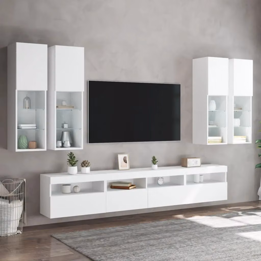 Berkfield Home 7 Piece Modern Glossy White TV Wall Cabinet and Lowboard Set with Integrated LED Lighting – 2