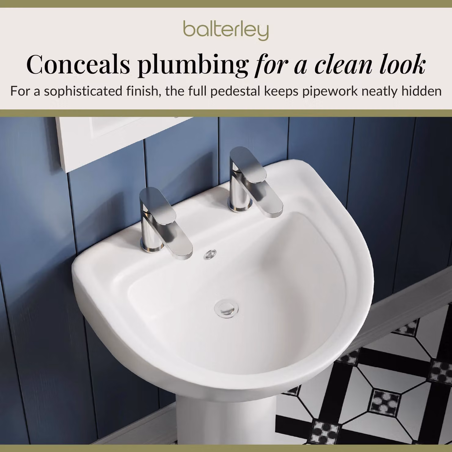 Balterley Adley Round 2 Tap Hole Ceramic Basin with Full Pedestal and White Pillar Tap, W: 550 mm – 4