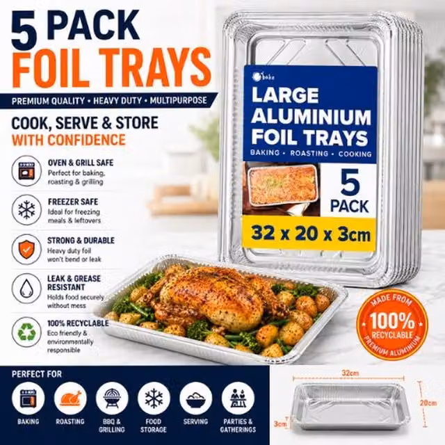 Ebake Uncoated Rectangular Aluminium Foil Baking Tray, Silver