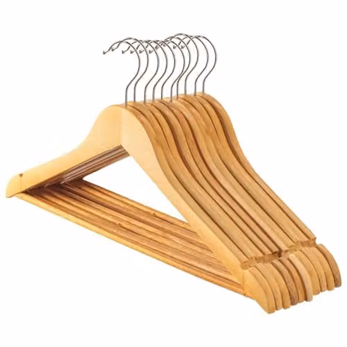 Harbour Housewares Brown Wooden Coat Hangers with Trouser Bar and Non-Slip Notches, Pack of 10 – 1
