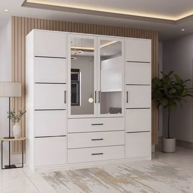 MN Furniture Modern White Hinged Wardrobe with Mirror Door and Internal Drawers W/H: 200 x 200 cm – 1