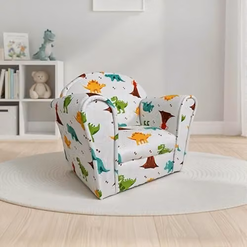 Kidsaw Dinosaur Themed Childrens Armchair in Light Grey with Wood Frame and Soft Upholstery, W/D/H: 53 x 45 x 37 cm