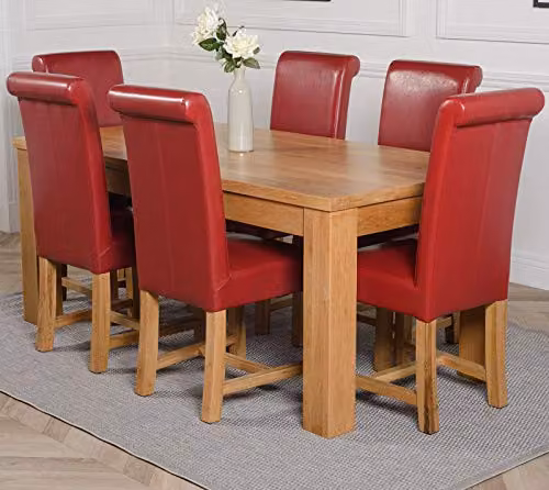 Oak Furniture King Dakota Solid Oak 6 Seater Dining Set with Washington Burgundy Leather Upholstered Chairs, Natural Finish, W: 182 cm, D: 92 cm