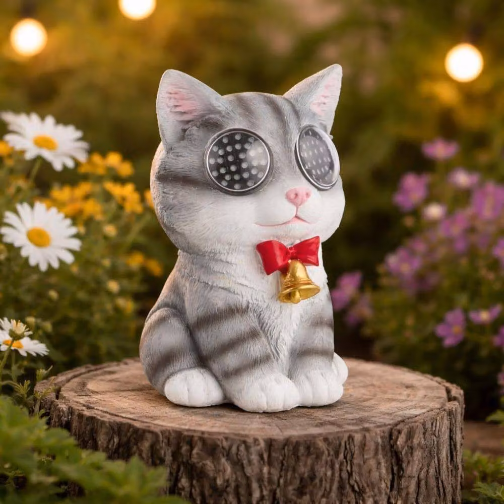 Marco Paul Solar Resin Cat Garden Ornaments in Grey, Height: 15 cm – 4
