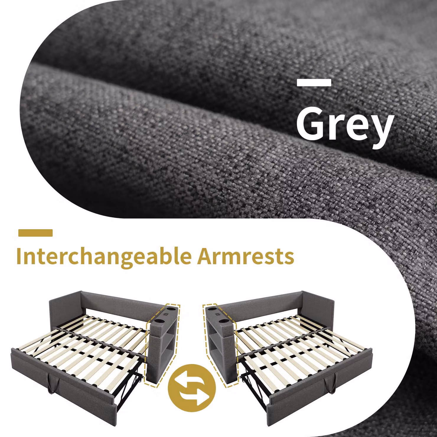 Aosom UK Grey Upholstered Daybed with Pull-out Trundle, Built-in Cup Holders, USB Charging Port and Side Storage, L: 207 cm, W: 98 cm, H: 74 cm – 6