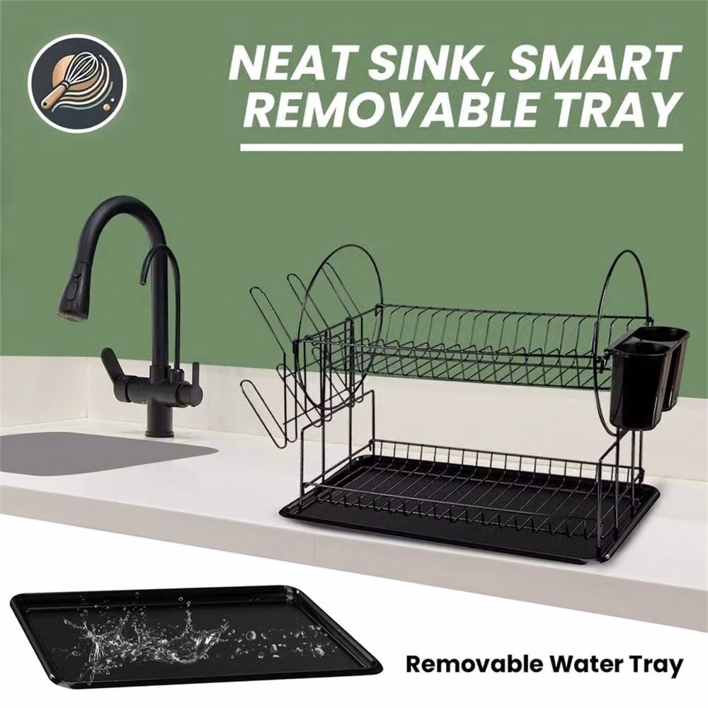 VOGREX 2 Tier Black Dish Drainer Rack with Drip Tray and Cutlery Holder – 3