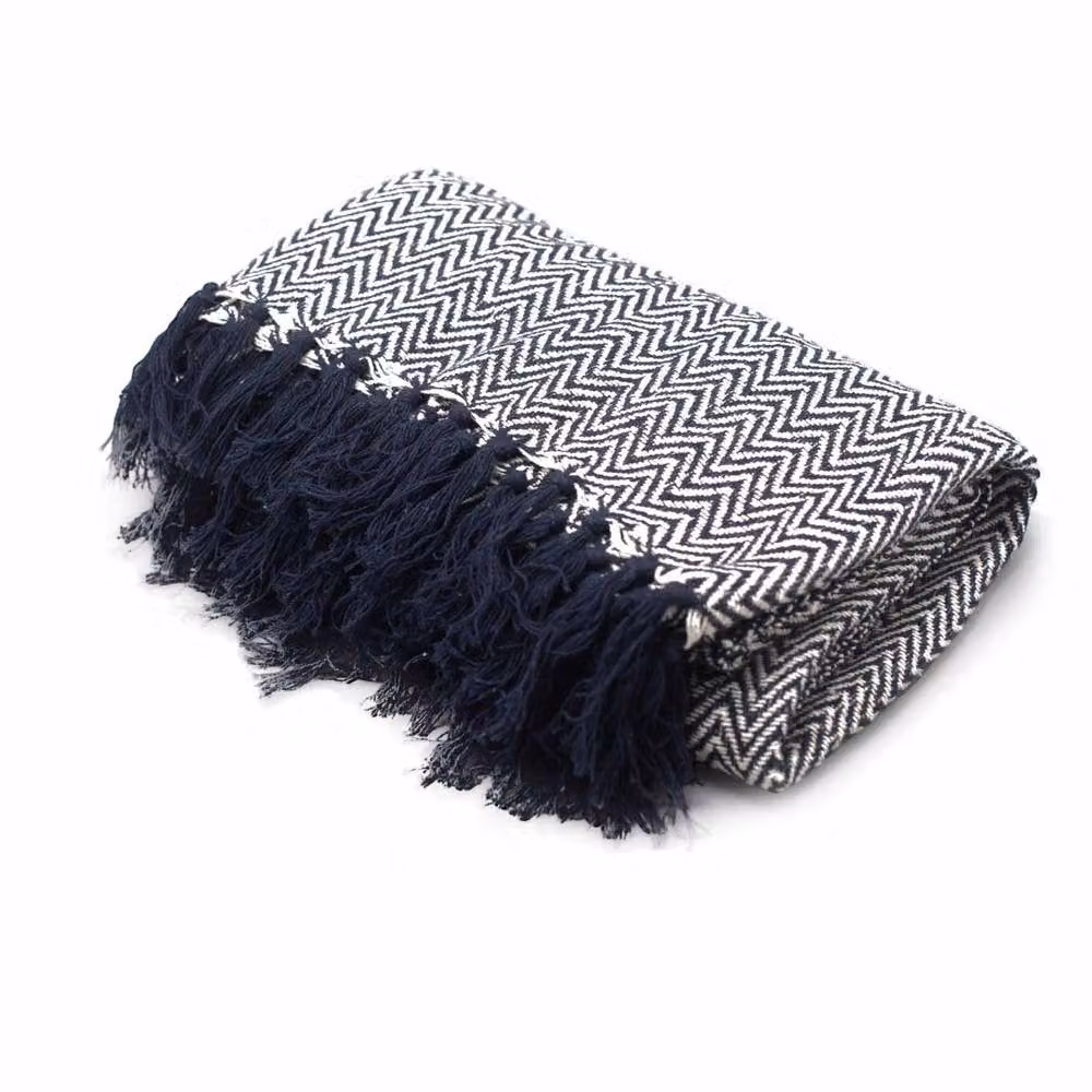 Four Candle Navy Blue Zigzag Boho Cotton Woven Throw with Tasselled Edges W: 150 cm, D: 125 cm – 2